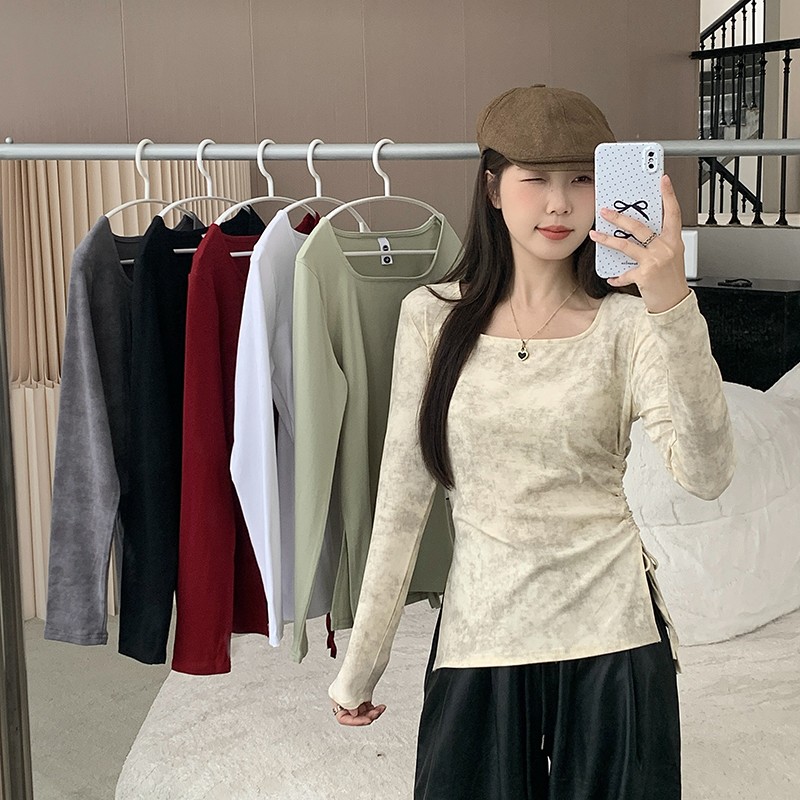 哺乳上衣秋季扎染方领褶皱长袖T恤辣妈款外出显瘦大码喂奶打底衫