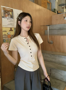 哺乳上衣夏季大码正肩半开领短袖t恤纯欲辣妈款外出喂奶期打底衫