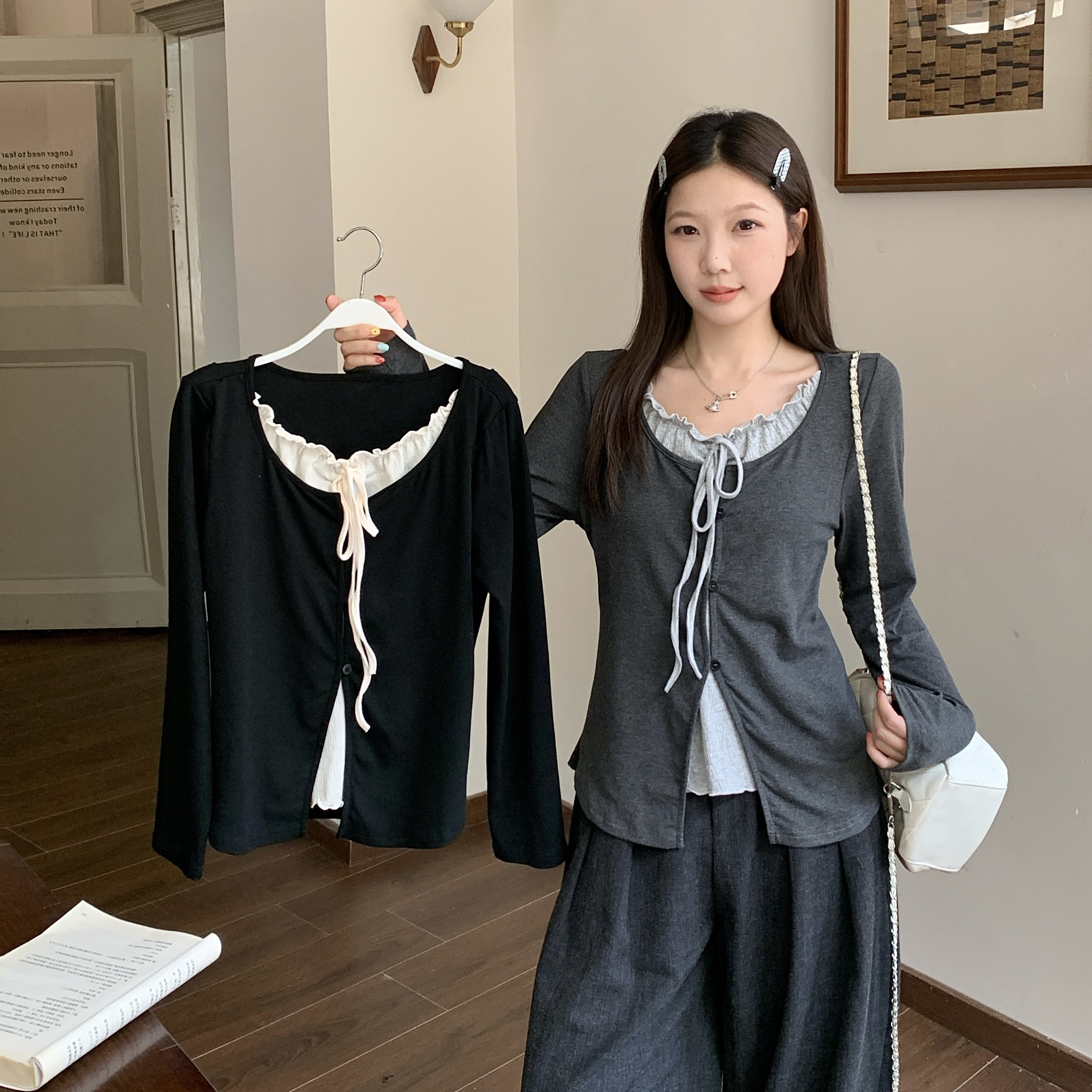 假两件系带哺乳上衣秋季大码花边长袖T恤产后辣妈款外出喂奶服