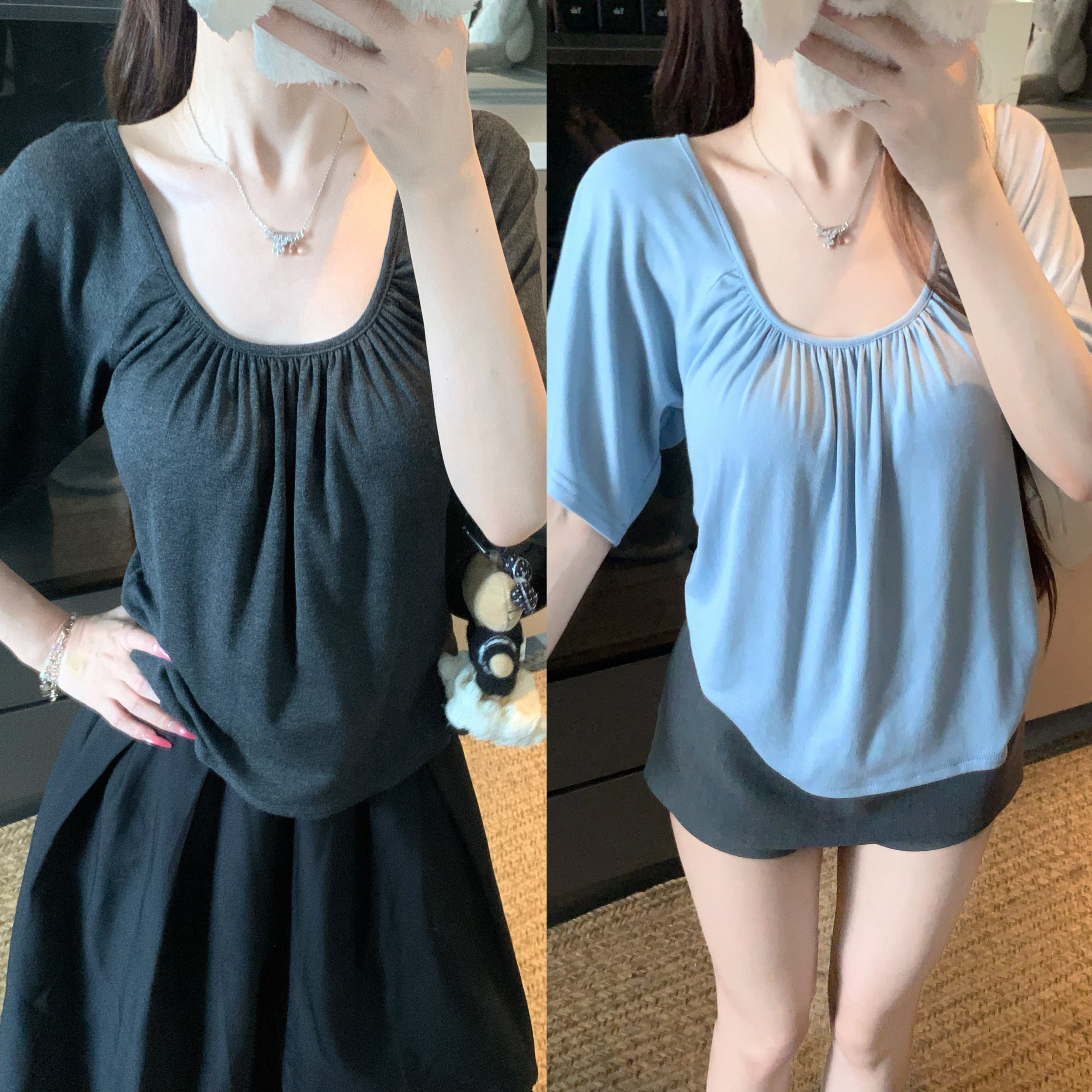 哺乳夏装外出大码纯欲褶皱U领短袖T恤产后辣妈款亲肤显瘦喂奶上衣