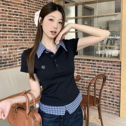 polo领格子哺乳上衣夏季大码假两件短袖t恤产后辣妈款外出喂奶服