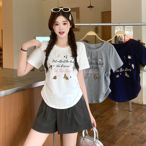 正肩哺乳上衣夏季大码卡通刺绣短袖T恤产后辣妈款外出喂奶打底衫