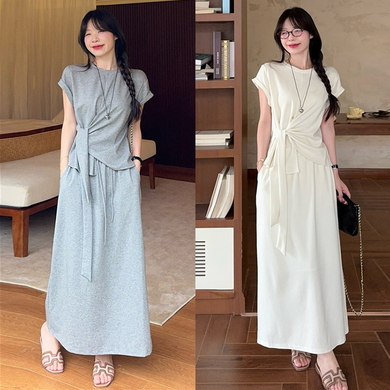 哺乳夏装外出大码产后系带短袖T恤半身长裙辣妈款外出喂奶两件套