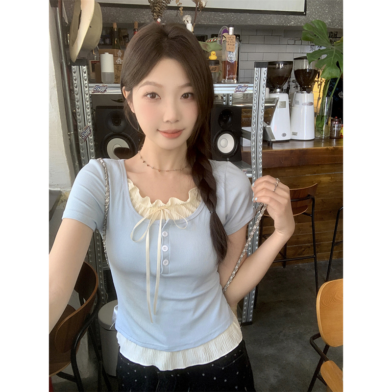 哺乳上衣夏季甜美假两件绑带短袖T恤辣妈款外出大码喂奶期打底衫