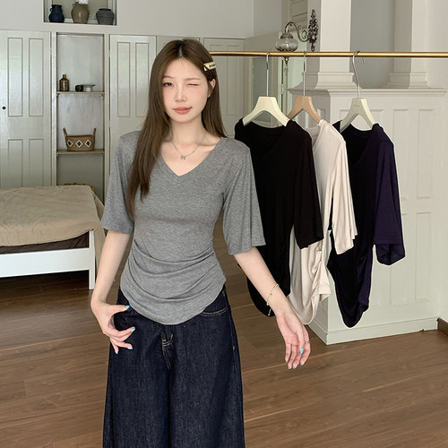 纯欲大码哺乳上衣夏季荡袖V领掐腰T恤产后辣妈款外出显瘦喂奶短袖