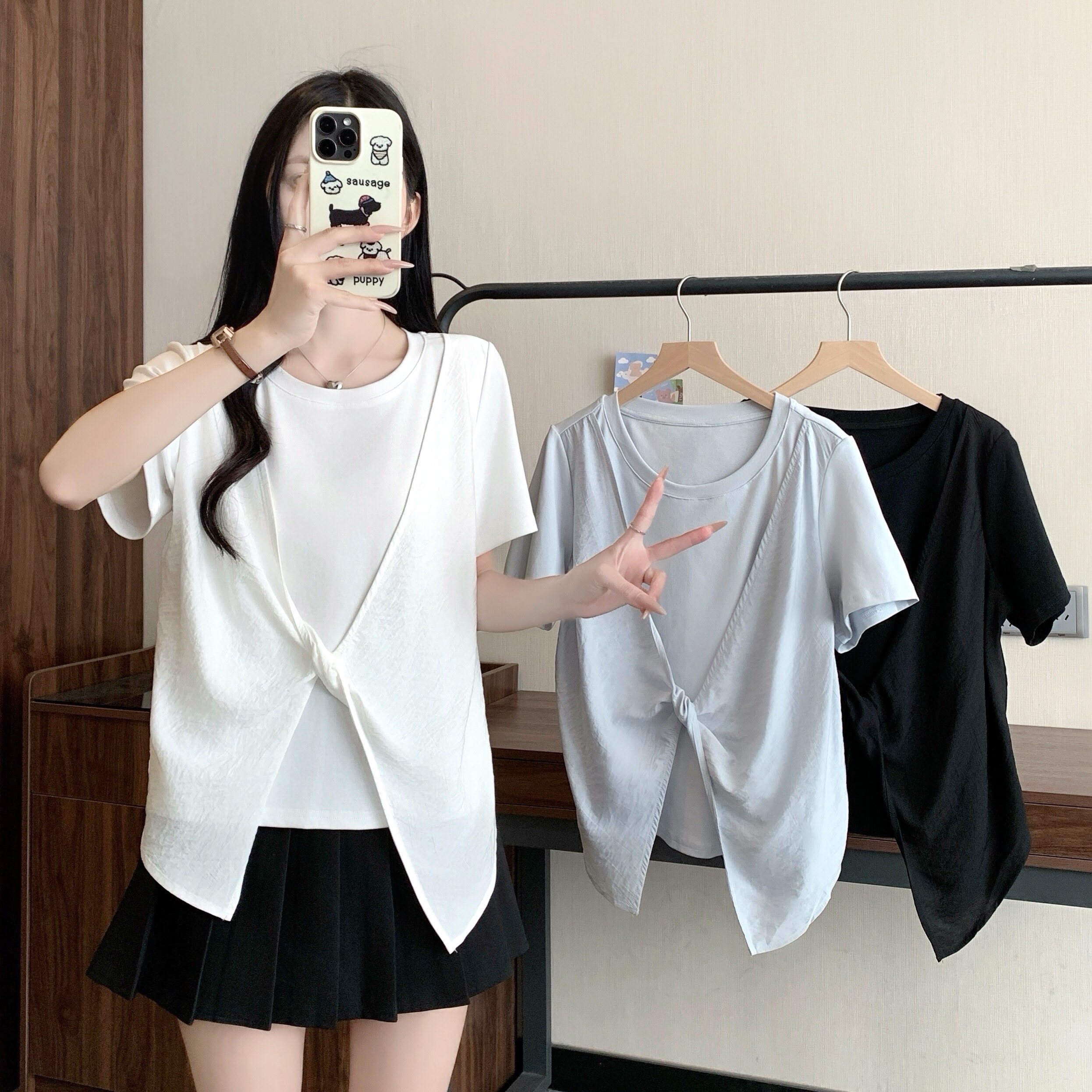 哺乳夏装外出大码假两件扭结马甲短袖T恤产后辣妈款显瘦喂奶上衣