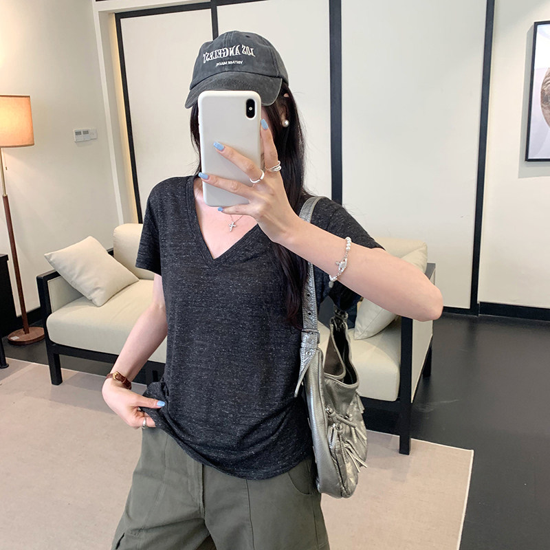 宽松V领哺乳上衣夏季天丝亚麻短袖T恤气质辣妈款外出喂奶期打底衫