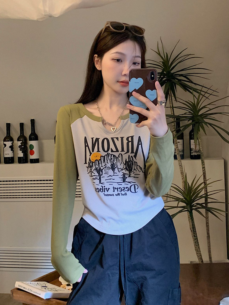 간호 탑 가을 미국 V 넥 프린트 긴팔 티셔츠 플러스 사이즈 산후 뜨거운 엄마 스타일 나들이 간호 의류 바닥 셔츠