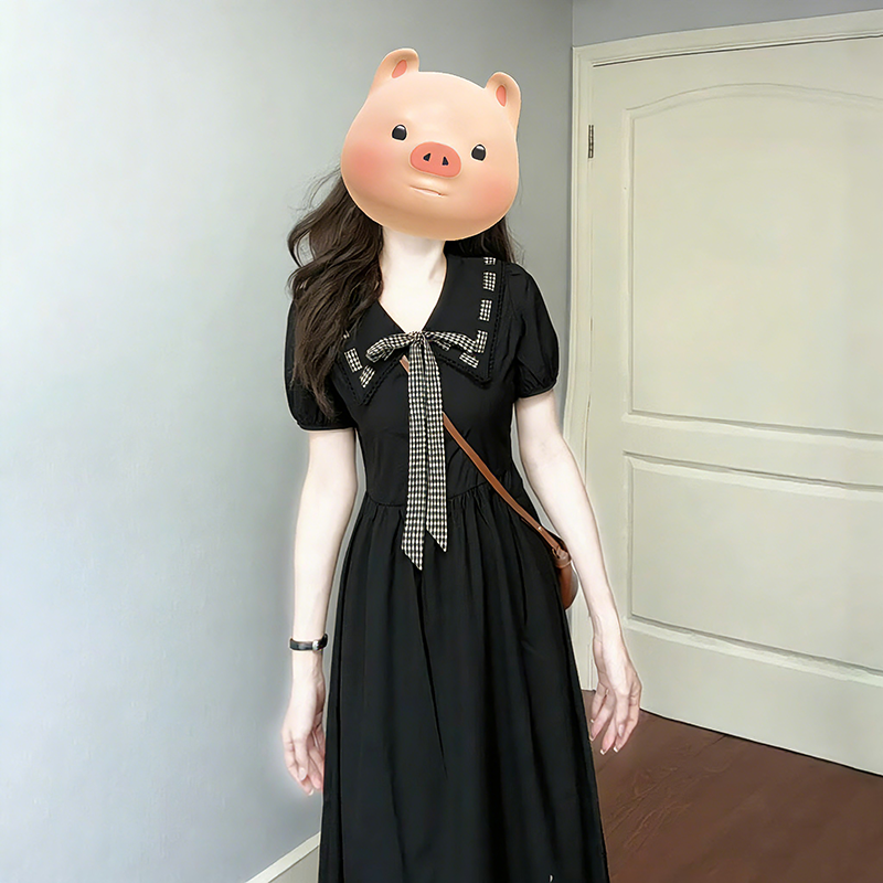 哺乳连衣裙夏季蝴蝶结格纹显瘦黑色长裙产后辣妈款外出收腰喂奶服