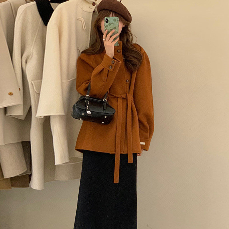 新款小香风驼色呢子大衣女短款小个子高级感立领毛呢外套女秋冬季