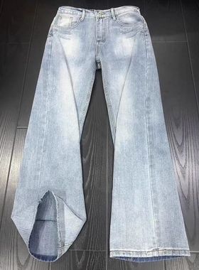 纹微喇裤秋季水洗裤子男款竹节直筒牛仔裤潮牌显瘦痞帅浅蓝色炸街