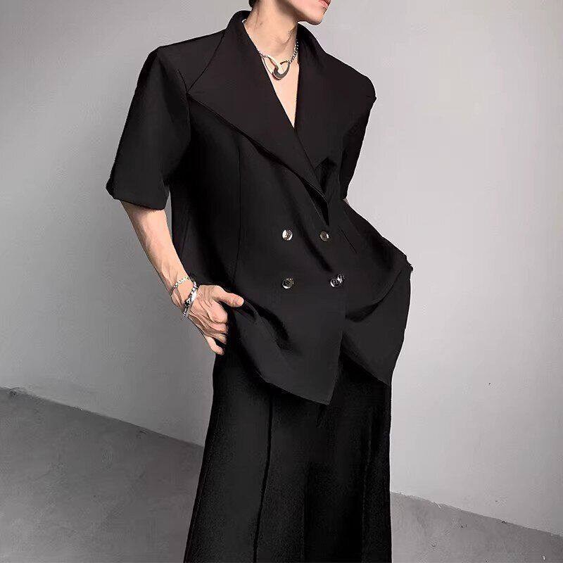 高级感开领奢大衬衫垫肩低领男西服夏季短袖外套设计感小众夏季轻