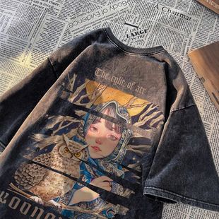 夏季玫瑰短袖重磅T恤水洗潮牌男款体恤美式印花潮流半袖做旧大码