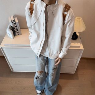 冲锋衣解构白色三防外套米短款夹克拼接立领飞行美式秋季户外男款