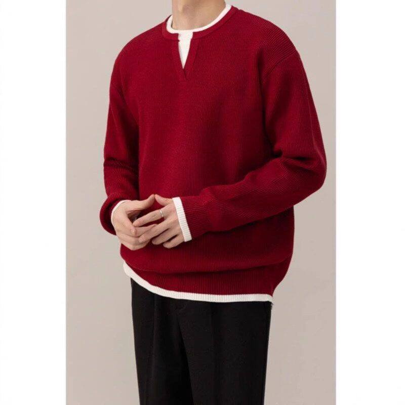 今年男新款假两件内搭V领针织衫马年毛衣红色爆款冬季本命年2026
