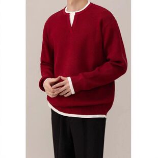今年男新款假两件内搭V领针织衫马年毛衣红色爆款冬季本命年2026