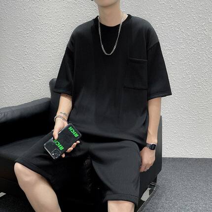 短袖T恤夏季休闲潮流两件套男女风同款纯色套装褶皱坑条慵懒大码