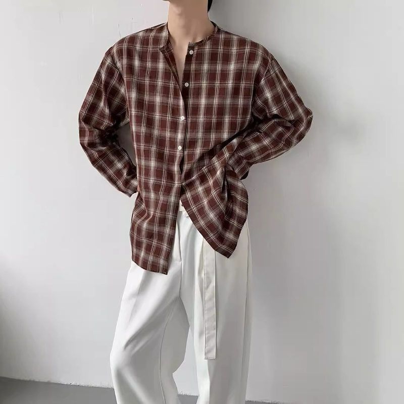 格子男拼色圆领长袖春秋季复古慵懒小众衬衣设计感潮上衣衬衫休闲