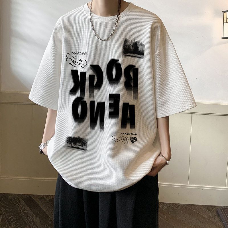 美式潮流高街潮牌炸街男短袖重磅衣服华夫格痞帅t恤夏季oversize