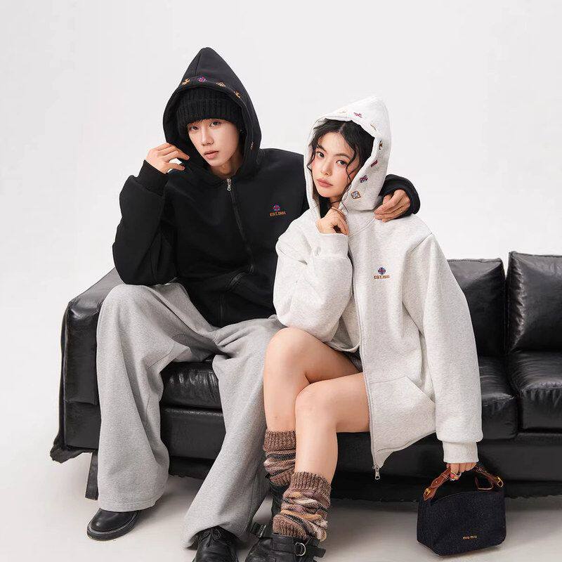 连帽春季慵懒外套卫衣拉链刺绣重磅民族风休闲感宽松男女情侣开衫