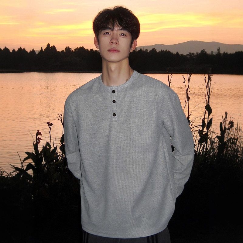 长袖格套ee上衣纯色重磅宽松男
