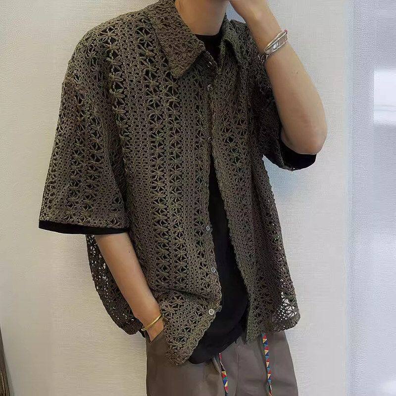 度假百搭古着美式复古做旧透气镂空男夏季短袖衬衫军绿色宽松针织