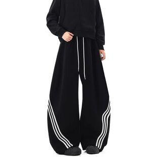 休闲重磅运动美式弯刀春季裤子男款三条卫裤杠潮牌宽松阔腿垂感长