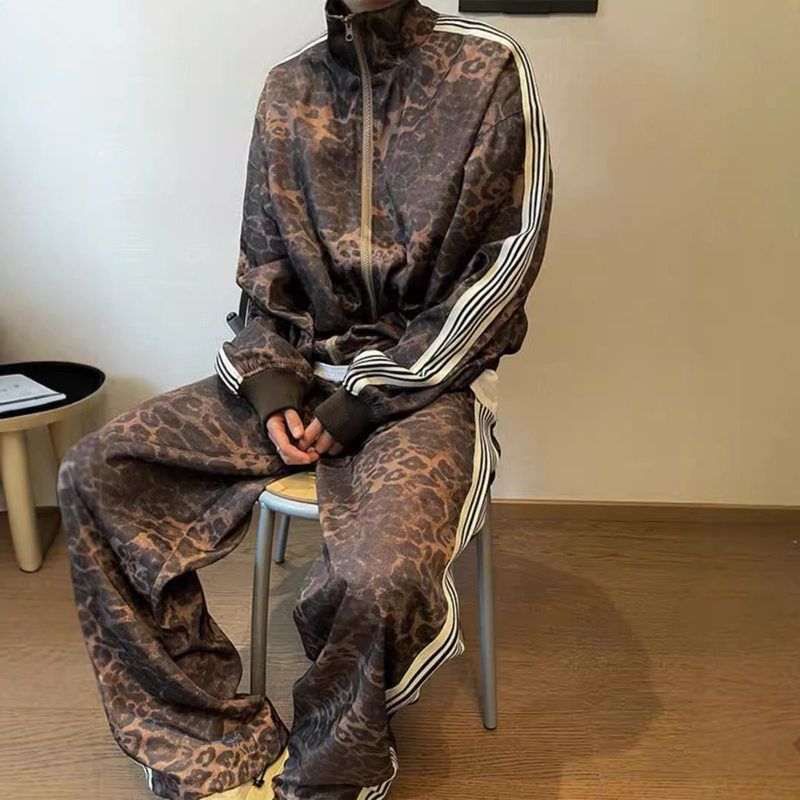 运动套装vintage潮牌美式外套复古条纹数码印花豹纹夹克运动裤男