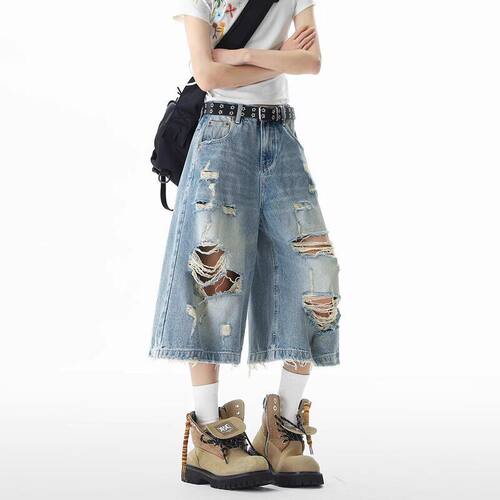 水洗破洞设计感阔腿夏季过膝情侣