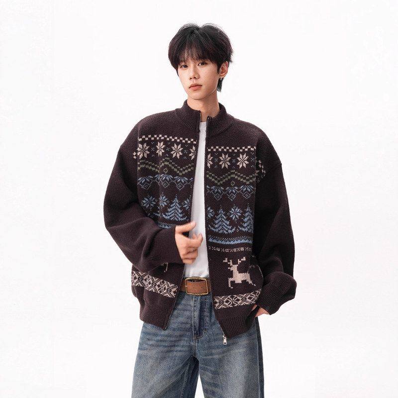 秋冬设计感复古针织衫男女毛衣费尔岛情侣开衫美式潮咖色提花撞色