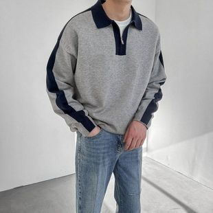 男翻领INS拼色套头毛衣上衣外穿宽松秋冬季 潮牌23外套韩版 针织衫