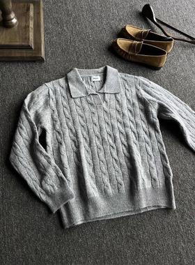 毛衣男长袖灰色针织衫感慵懒领p美式松弛麻花上衣冬季领volo复古