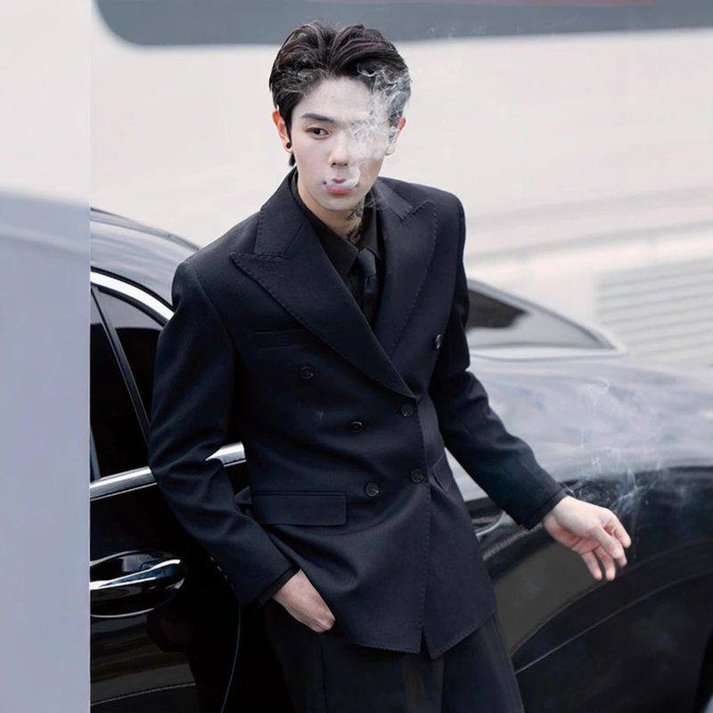 西装西服英伦黑色雅痞夹克高级感痞帅休闲外套双排扣男装男春秋款