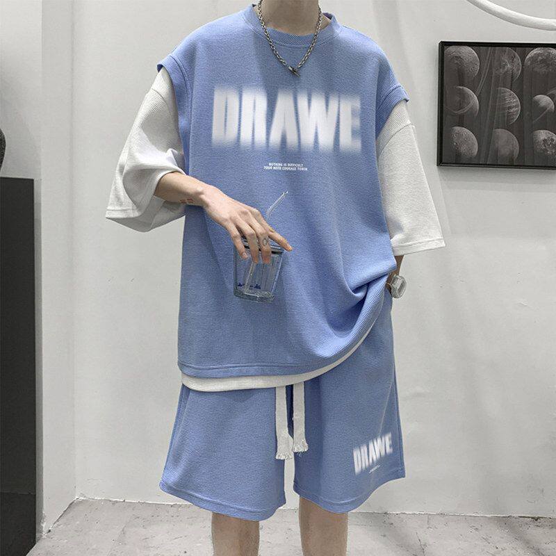男印花假两件搭配运动韩版帅气短袖模糊套装上衣短裤休闲夏季潮流