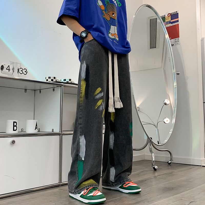 涂鸦牛仔裤腰男九分裤秋季子bf