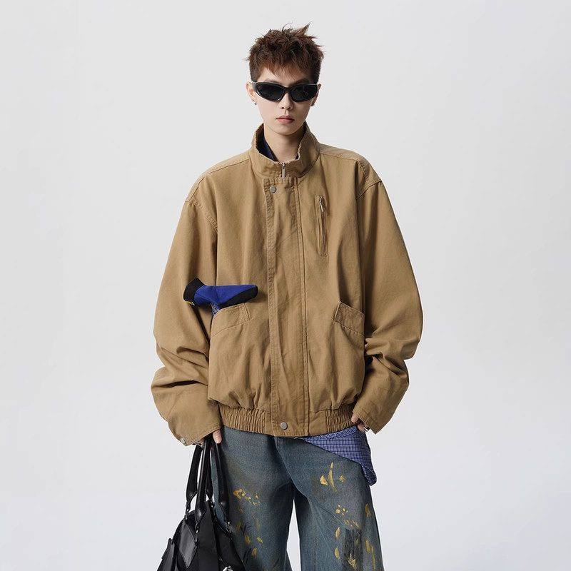 痞帅立领复古高级感情侣机车外套潮牌上衣夹克春季解构拼接休闲男