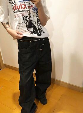 4男复古原色阔腿裤anfit水洗微喇红色斜襟宽松连扣直筒cle牛仔裤