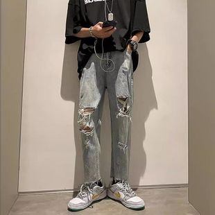 男夏膝盖直筒裤 子薄款 裤 男修身 破洞毛边夏季 乞丐设计感九分牛仔裤