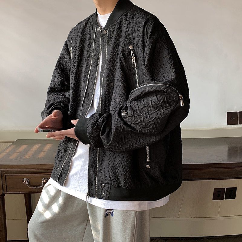 高级感宽松痞帅款港风服大码情侣棒球春秋外套工装黑色男潮流夹克
