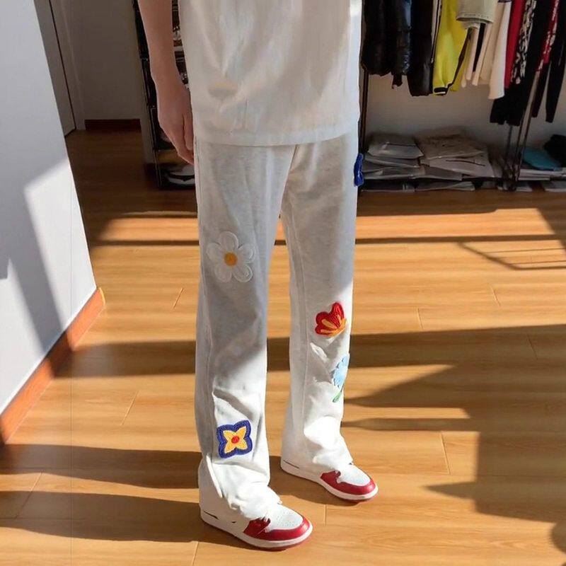 休闲运动裤夏季男刺绣c微喇直筒裤卫裤美式le弯刀重磅子花卉anfit