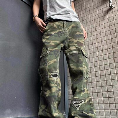 牛仔裤子牛仔裤假迷彩直筒美式