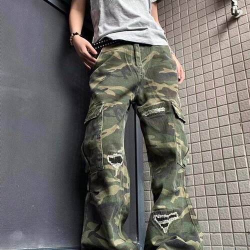 牛仔裤子牛仔裤假迷彩直筒美式