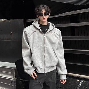 秋冬垫肩灰色开衫anfit高级感外套潮牌帽衫夹克c卫衣连le短款男款