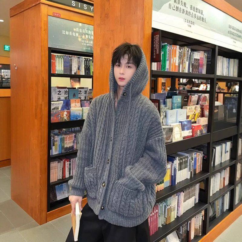 男款复古外套毛衣连帽冬季高级感风开衫美式针织衫韩系深灰色慵懒
