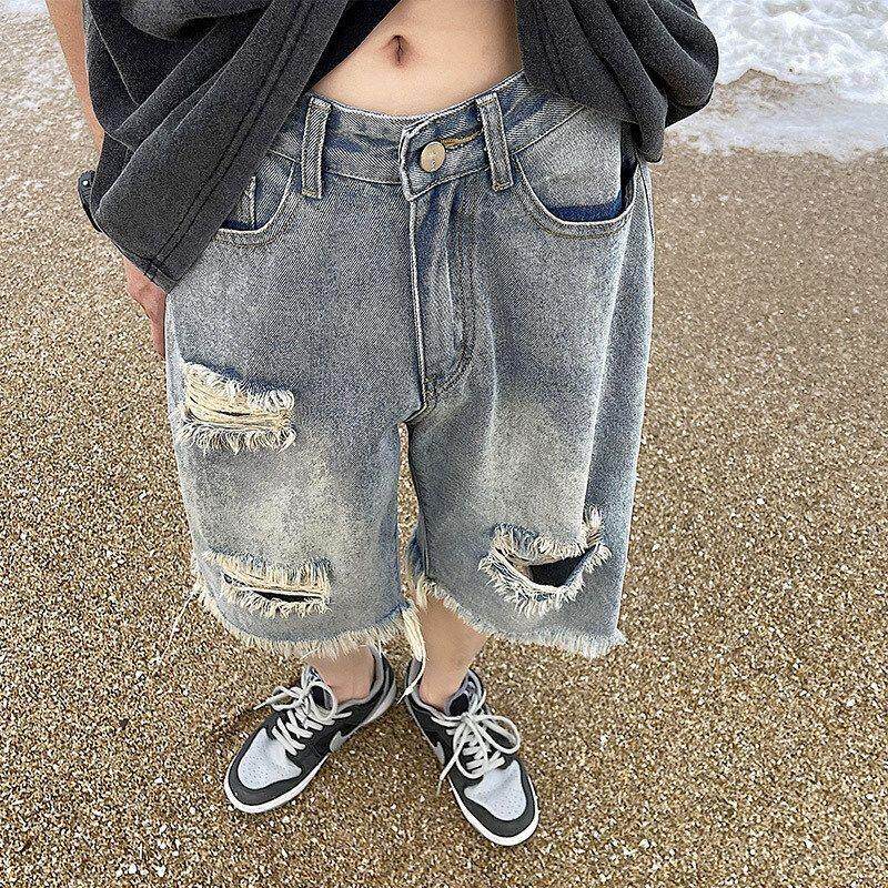 男牛仔短裤薄款乞丐破洞夏季毛边宽松子五分裤ins休闲裤高街潮牌