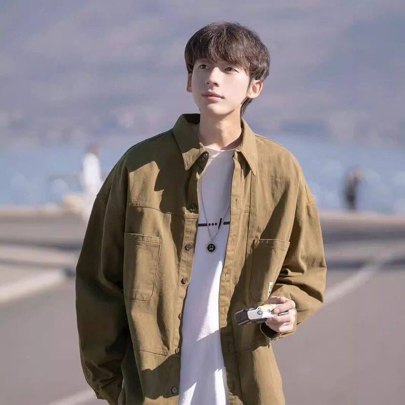 夹克衬衫宽松长袖男美式衬衣复古工装日系男生休闲外套春秋季男款