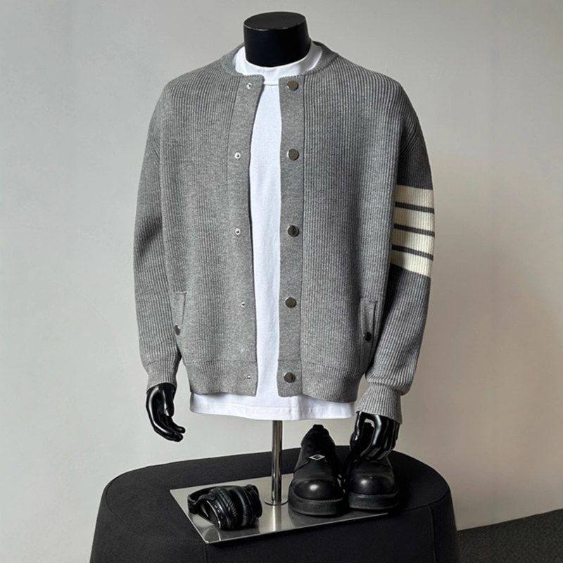 秋冬针织衫毛衣开衫潮牌领男条纹外套宽松棒球上衣搭穿高级感灰色