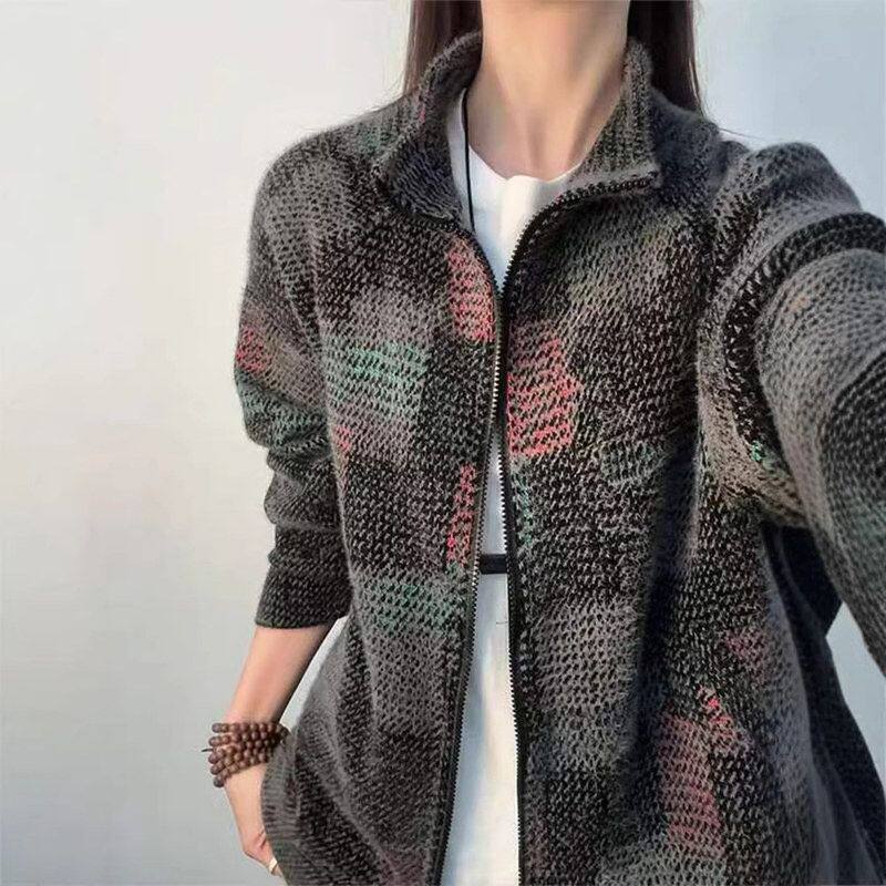 美式格子风春季慵懒高级感外套针织开衫卫衣七彩潮牌立领复古男款