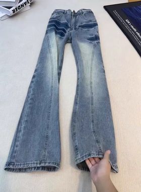 男le牛仔裤弯刀纹修身冬季蓝色微喇裤裤子anfit闪电斜切美式c直筒