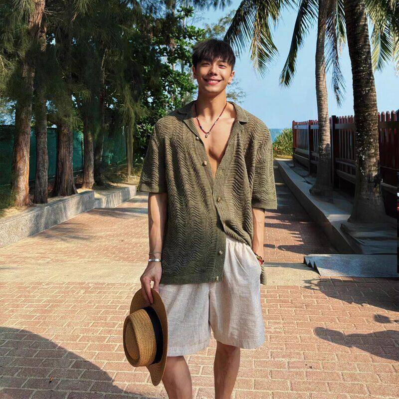 衬衫穿短袖古巴衬衣老钱搭海边镂空针织男领风度假宽松复古夏威夷